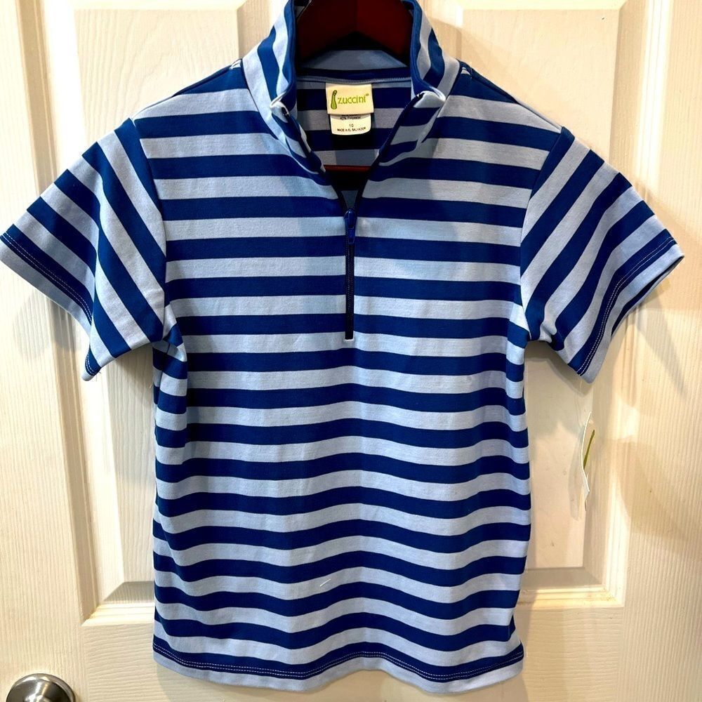 Boys New Blue Striped Polo with zip collar size 9 or 10